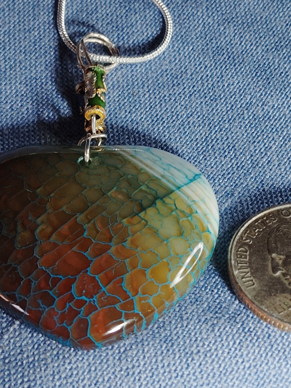 GORGEOUS 🧡-SHAPED DRAGON'S VEIN NECKLACE, STERLING. ORANGE, BLUE & WHITE. 18-IN